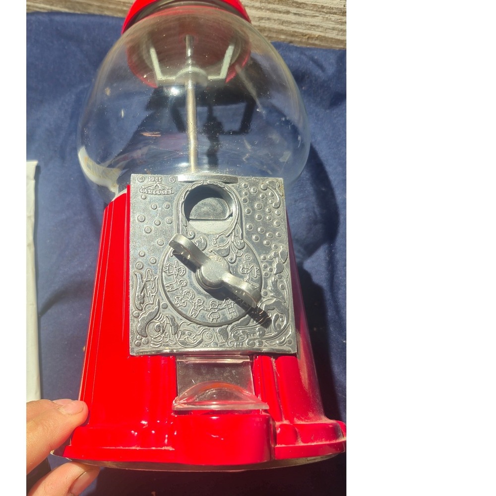 Vintage 1985 Carousel Gumball Machine Red Metal Glass Globe Candy Dispenser Bank